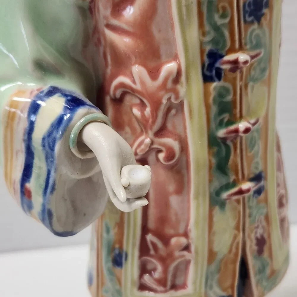 Vintage Chinese Shiwan Porcelain Lady Statue Songbird & Feeding Bowl Figurine